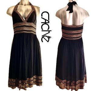 Stunning Cache Silk Beaded Halter Cocktail Dress
